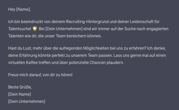 Kurze, lockere Nachricht für die Direktansprache eines Recruiters auf LinkedIn